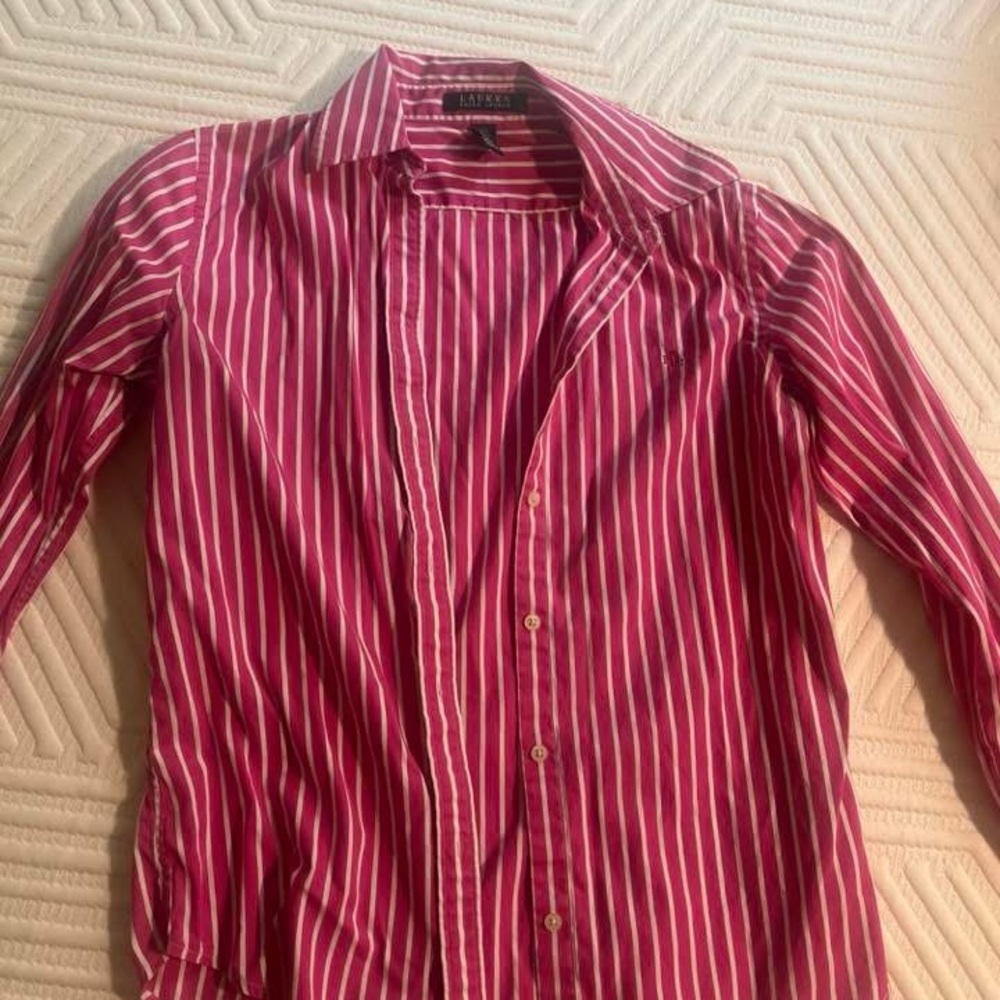 Ralph Lauren Women's Pink and White Striped Button Down Shirt